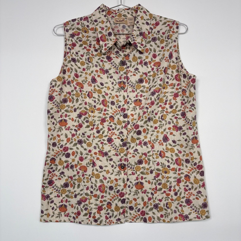 Woolrich Womens Sleeveless Button Down Shirt Large Beige Floral Linen Blend 3967